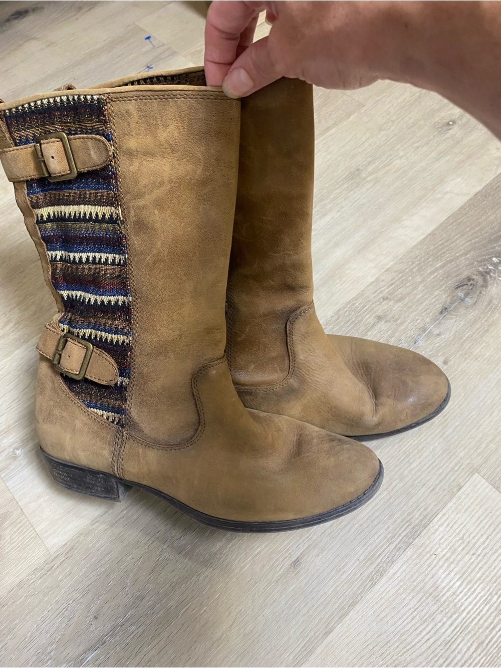 Gianni Bini Tan Lace-Up Mid-Calf Boots with Woven Side Panel leather